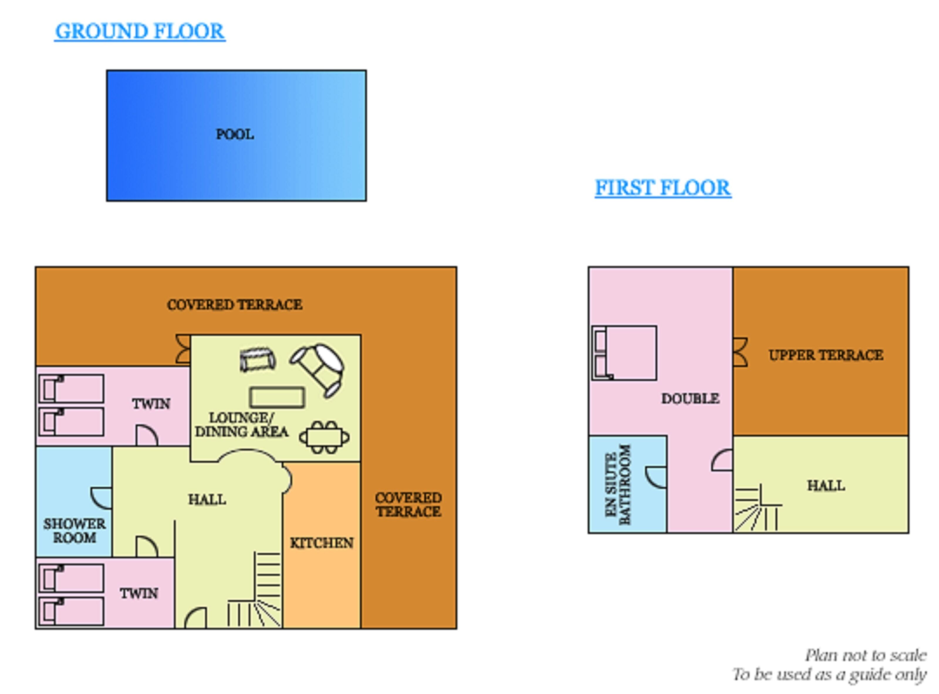 A floor plan with a pool on the ground floor and a covered terrace, lounge/dining area, twin rooms, shower room, hall, kitchen, and upper terrace on the first floor.
