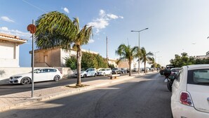 A street lined with parked cars and palm trees, with buildings on one side.