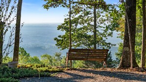 A wooden bench in a forested area with a view of distant mountains. - Amazing Mountain Views Special Rates Book Today (Mentone)