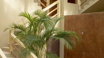 Un interior de varios niveles con una escalera, una planta en maceta y un suelo de baldosas.