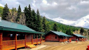 Una hilera de cabañas de madera con techos verdes, terrazas de madera y un camino de tierra que las conduce.