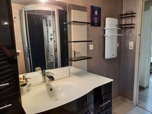 Shower, hydromassage showerhead, hair dryer, slippers
