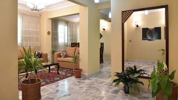 A spacious living area with a sofa set, a coffee table, and potted plants. - Charming Downtown Apartment in the heart of Cairo (cairo)