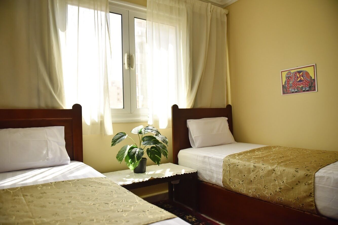 A room with two single beds, a window with sheer curtains, a small table with a plant, and a wall-mounted picture.