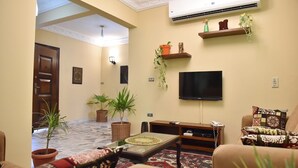 A living room with a flat-screen TV, a sofa, a coffee table, and potted plants. - Charming Downtown Apartment in the heart of Cairo (cairo)
