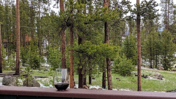 A glass of red wine on a wooden railing overlooking a forest with tall pine trees and a house in the background. - Entire Cabin: Step Back in Time at The Piney Lodge (Grand Lake)
