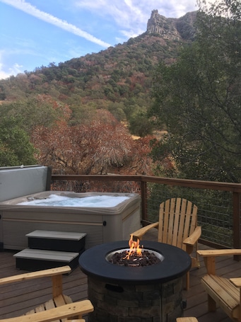 Outdoor spa tub. Little Bear Cottage Private,Luxury Getaway!SPA! FIRE PIT! 3 MLS FROM SNP