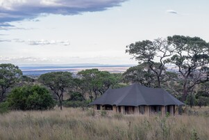 A safari lodge with a conical roof, surrounded by tall grass and trees, overlooking a distant landscape.