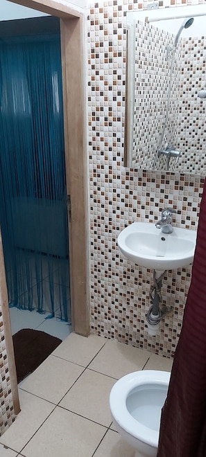 Shower, towels, soap, toilet paper
