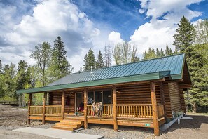 A log cabin with a porch, wooden steps, and a metal roof.