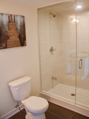 Ensemble douche/baignoire, sèche-cheveux, savon, papier toilette