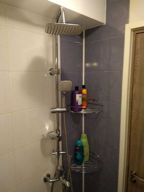 Hair dryer, slippers, towels, soap