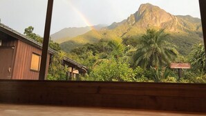 A view of a mountain with a rainbow, palm trees, and a wooden building. - Yakushima Shikinoyado Onoaida (Yakushima)