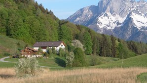 A house with a sloped roof, surrounded by a grassy field and trees, with mountains in the background. - Vacation apartment Untersberg 38sqm (Berchtesgaden)