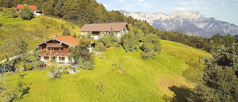A hillside property with multiple buildings, including a chalet and a larger house with a balcony, surrounded by lush greenery and mountains in the background.