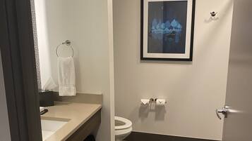 A modern bathroom with a beige sink, a toilet, and a framed picture on the wall.