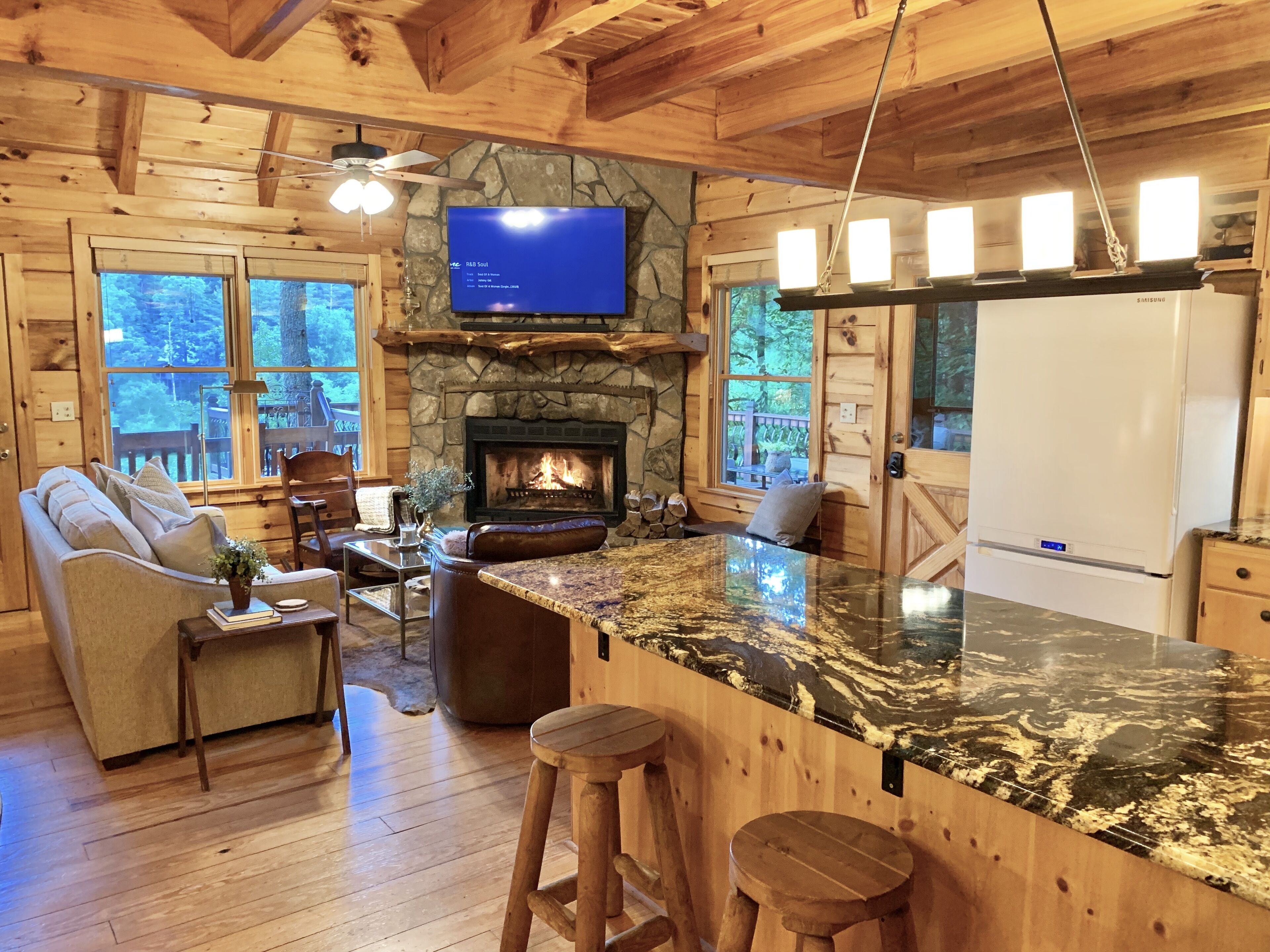 Smart TV, fireplace, video games, DVD player