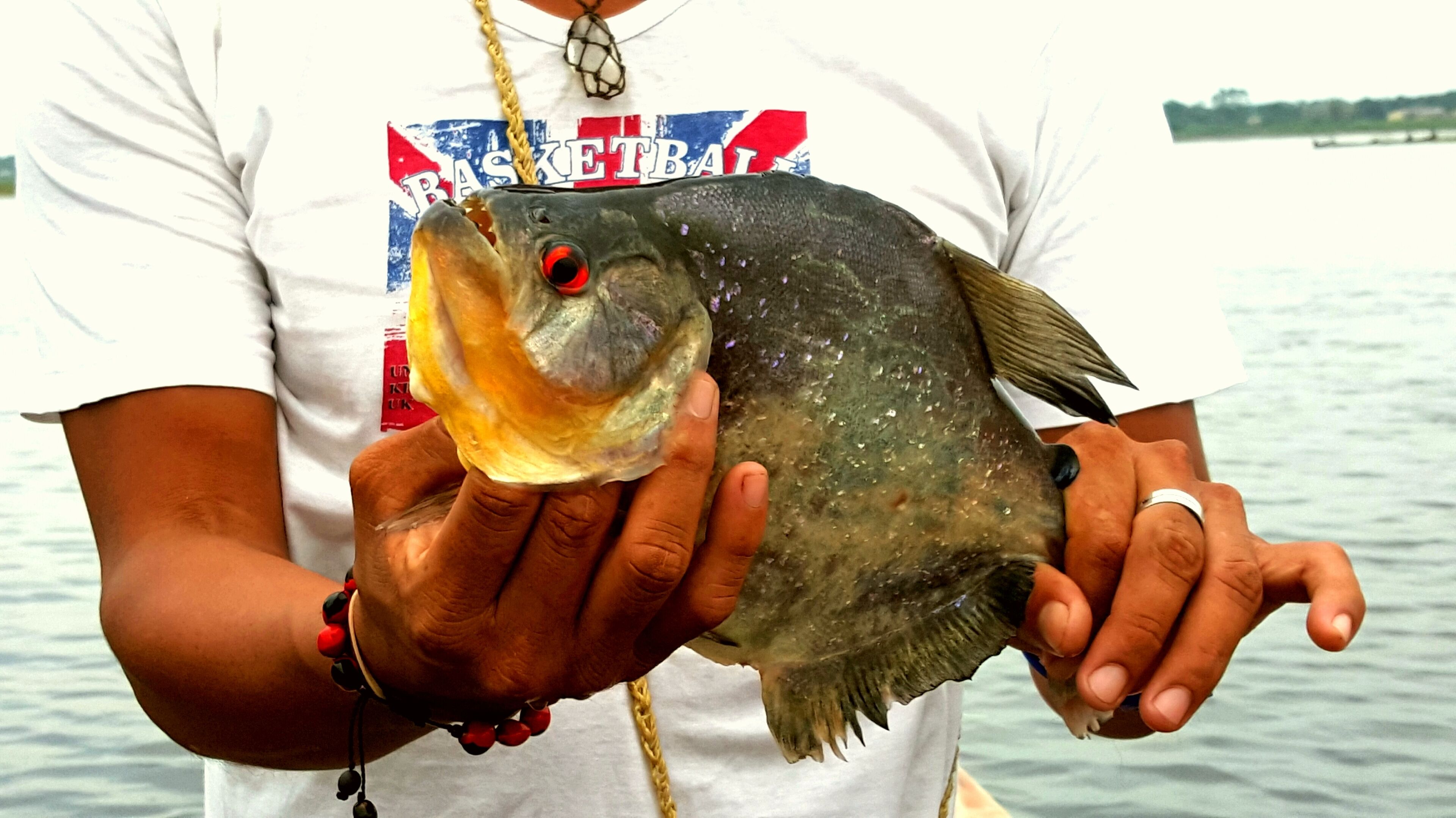 Uma pessoa segurando um peixe de olho vermelho, vestindo uma camiseta branca com o logotipo de uma bola de basquete.