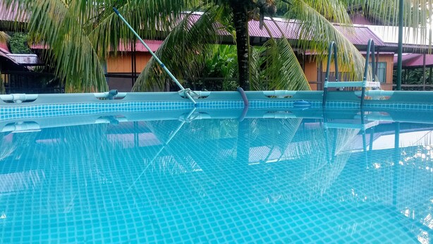 A clear blue pool with a tiled edge, surrounded by palm trees and a building with a pink roof. - Ecoadventure Amazon (Indiana)