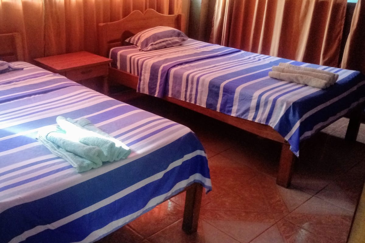 Two single beds with striped bedding, a wooden nightstand, and a wooden headboard.