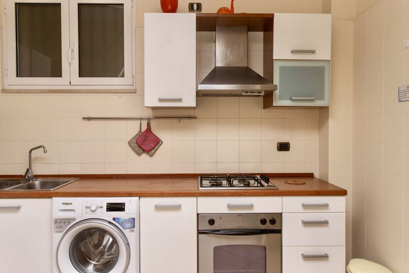 Fridge, oven, dining tables