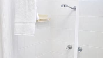 Shower, free toiletries, towels, soap