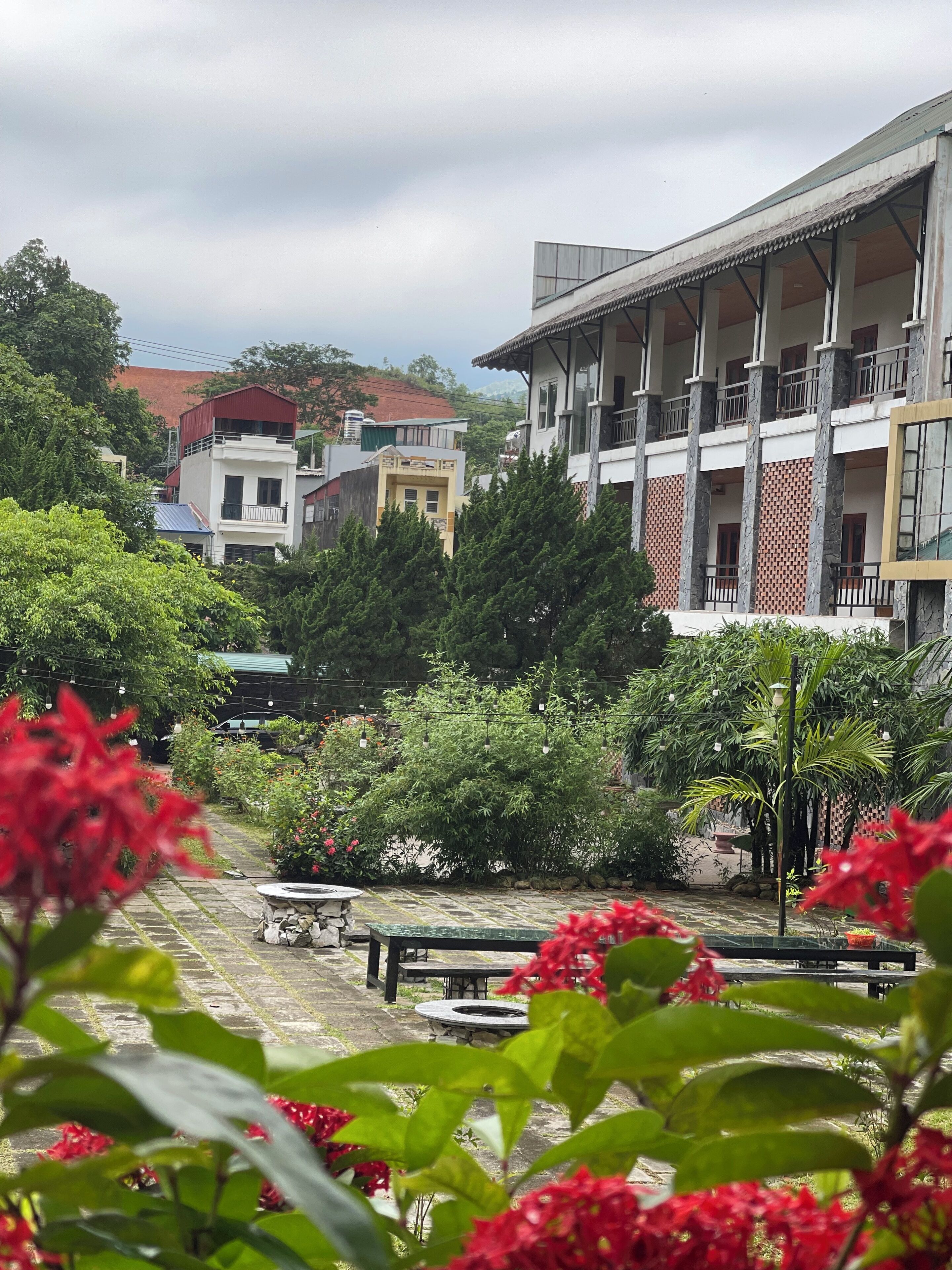 A courtyard with a stone pathway, surrounded by lush greenery and red flowers.