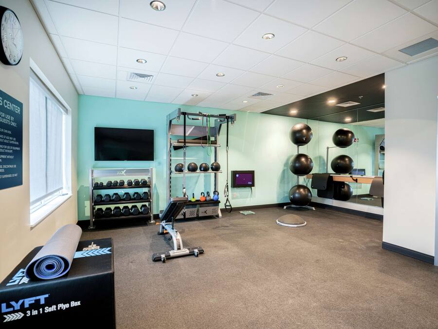 A fitness center with a treadmill, weight machines, and exercise balls.