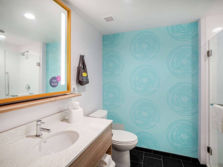 A bathroom with a white sink, a mirror, a toilet, and a shower.