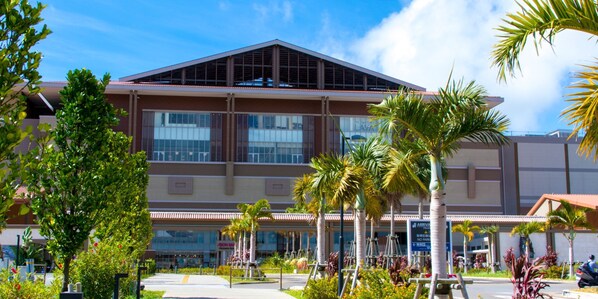 A modern building with a flat roof and large windows, surrounded by palm trees and other greenery.