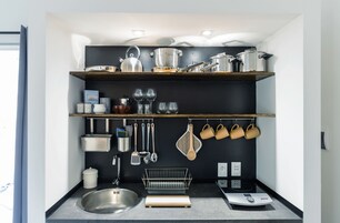 Fridge, microwave, stovetop, coffee/tea maker