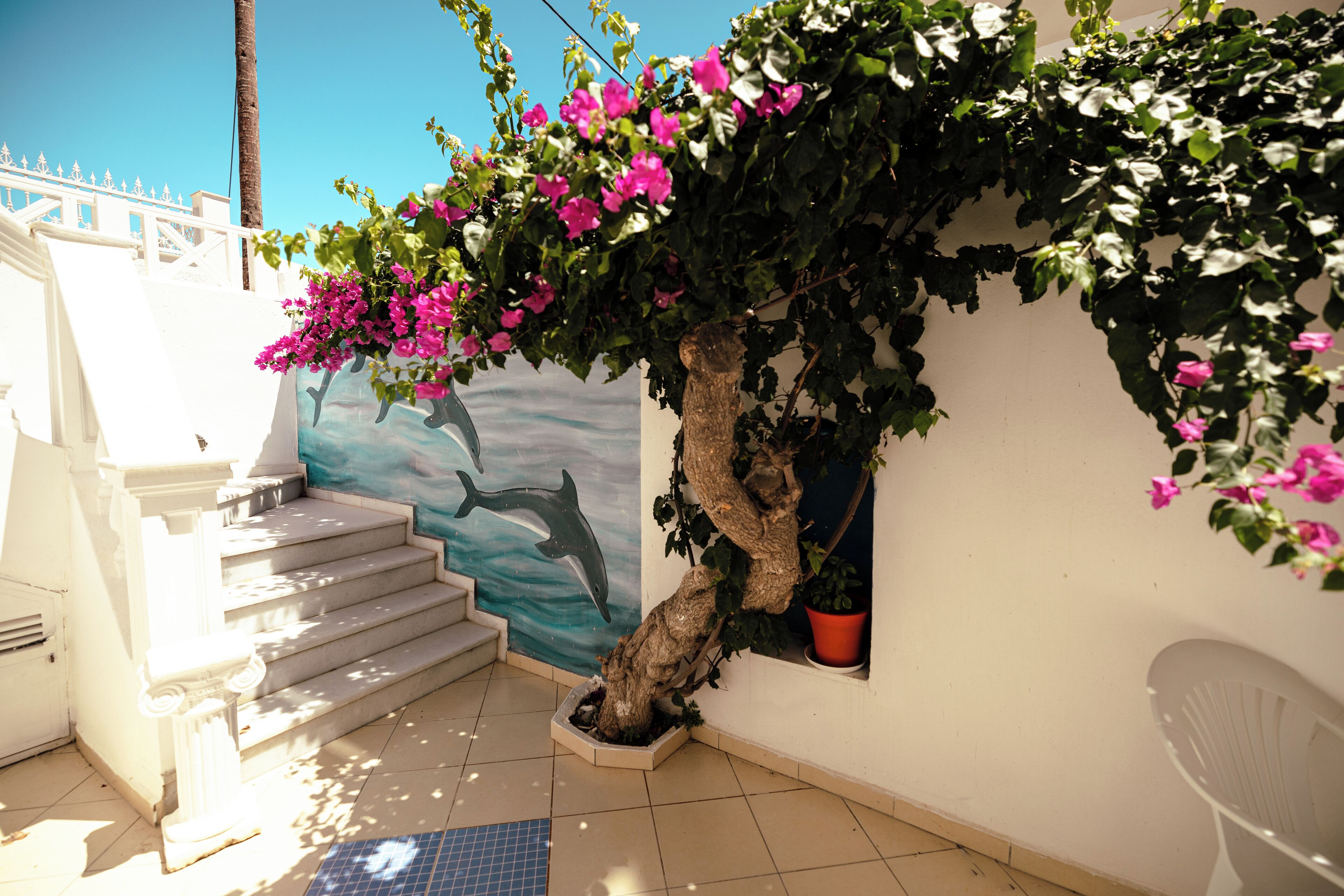 A staircase leading to a balcony with a mural of a dolphin, a tree with pink flowers, and a white chair.