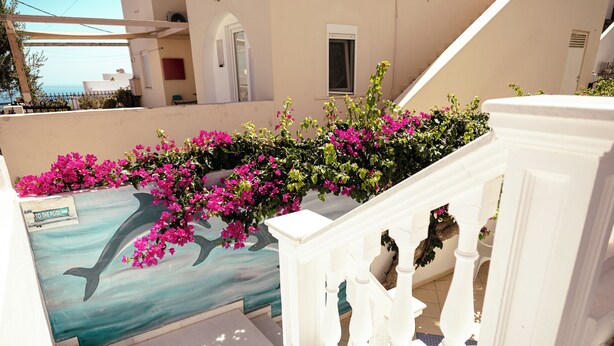 En trappe med hvide gelændere, en balkon med pink blomster, og et muralmaleri af en delfin.