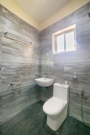 Un baño con inodoro, lavabo y ducha.