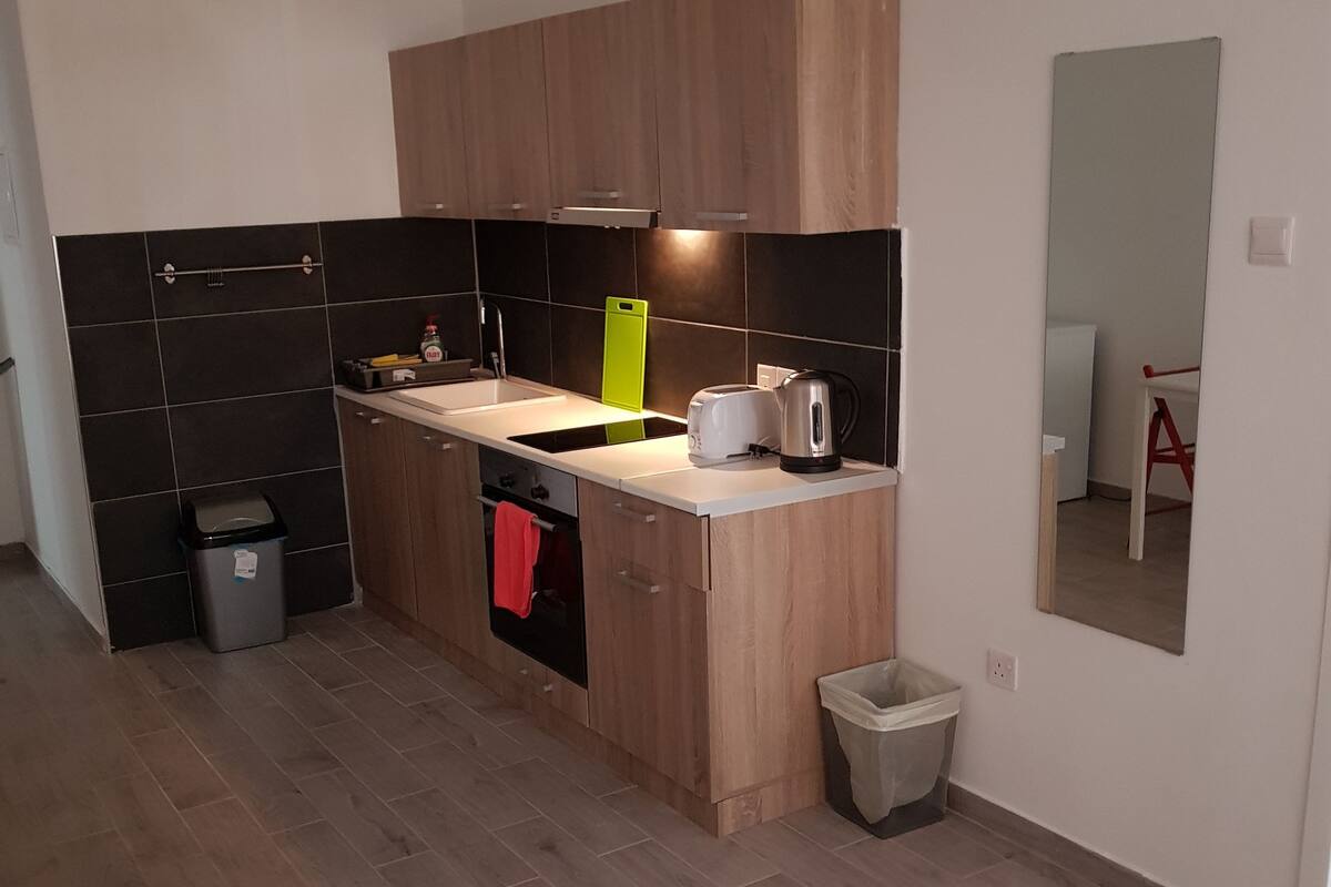 A modern kitchen with wooden cabinets, a black countertop, and a hanging light fixture.
