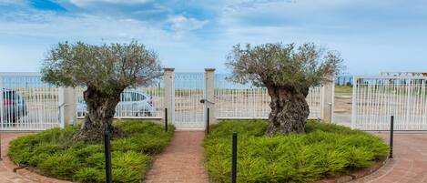A paved pathway flanked by trimmed bushes and two trees, leading to a gated entrance.