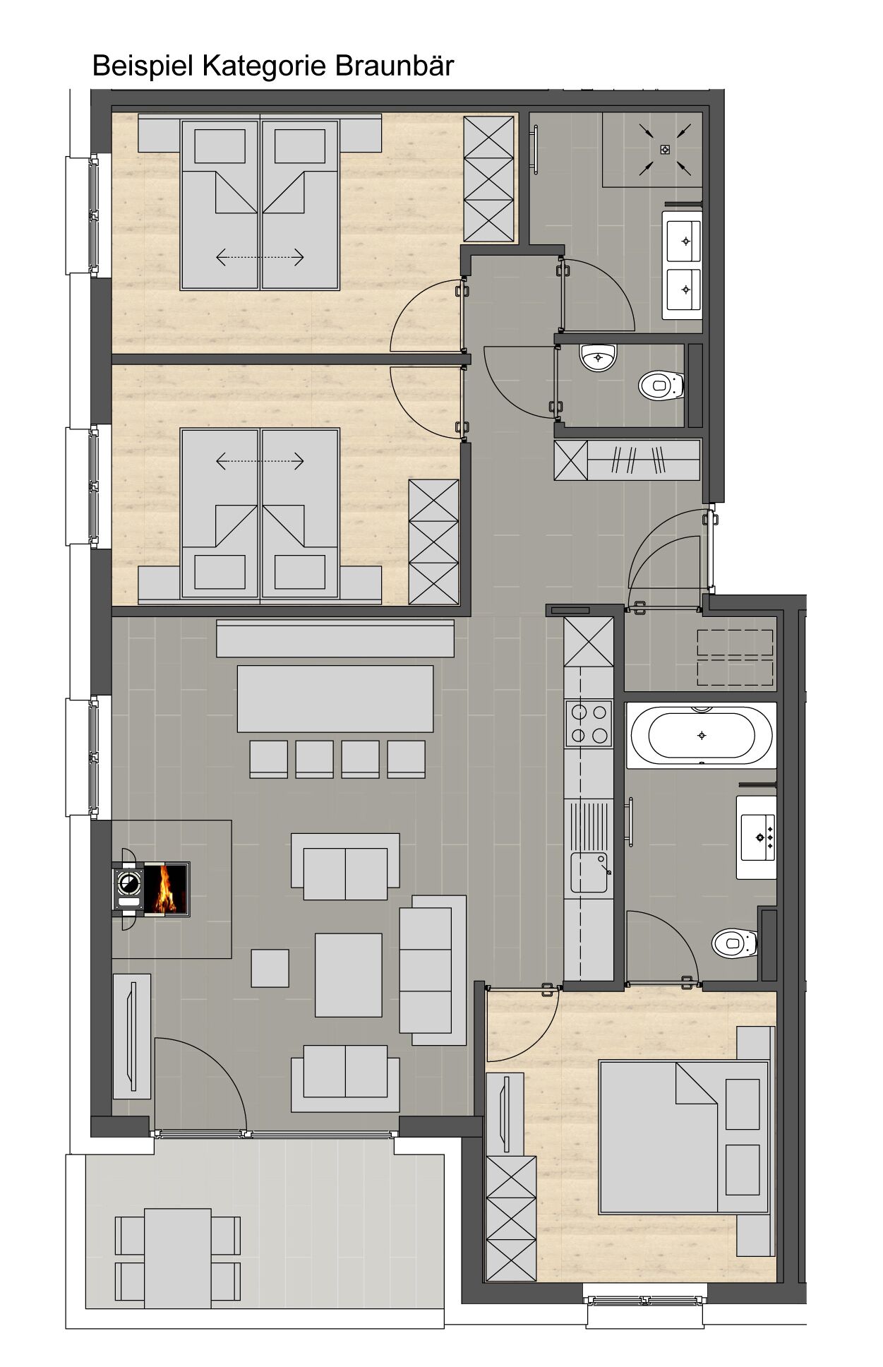 A floor plan of a Brauhaus hotel with a kitchen, dining area, living room, and a separate bathroom.