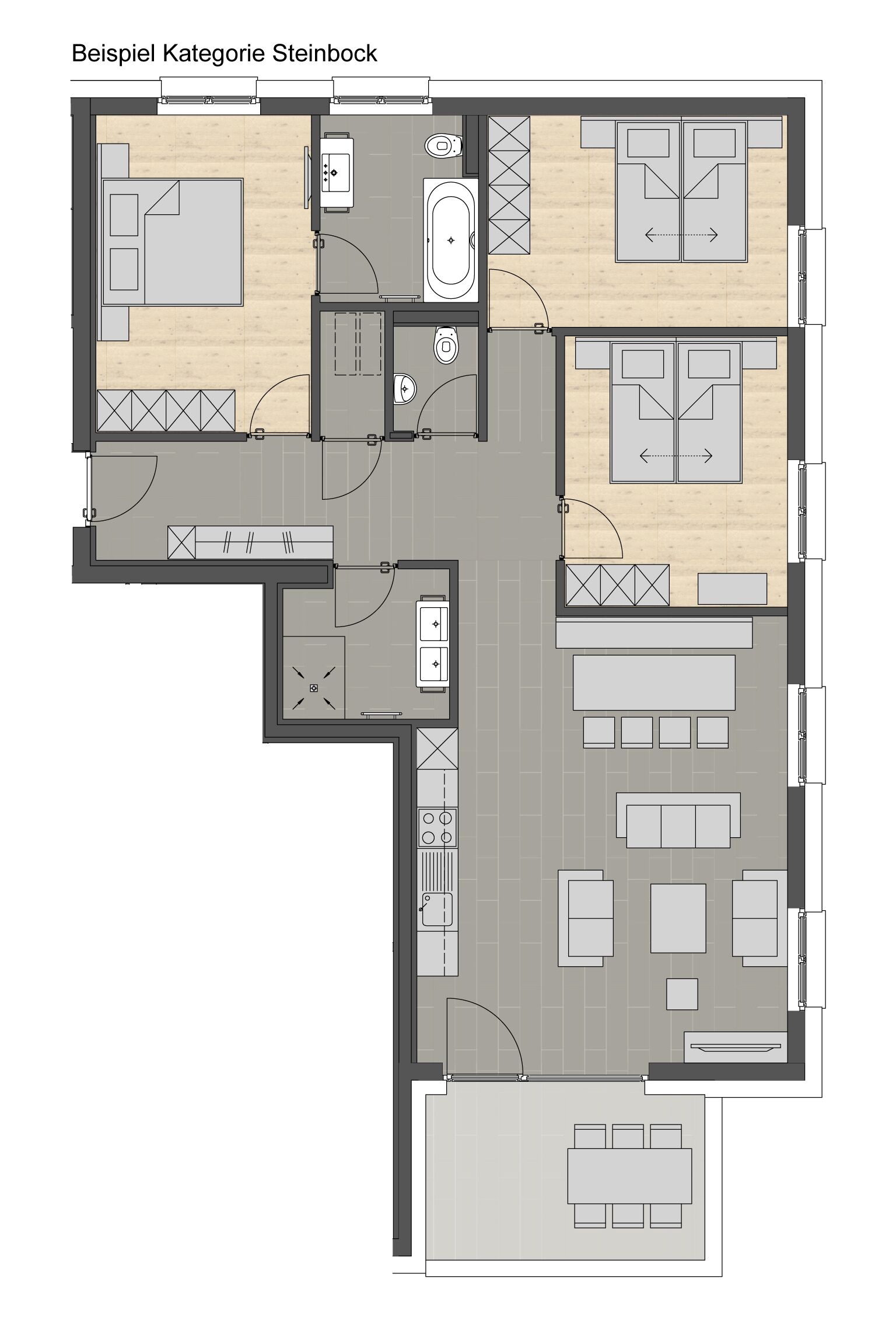 A floor plan of a hotel with a bedroom, bathroom, kitchenette, dining area, and a living room.