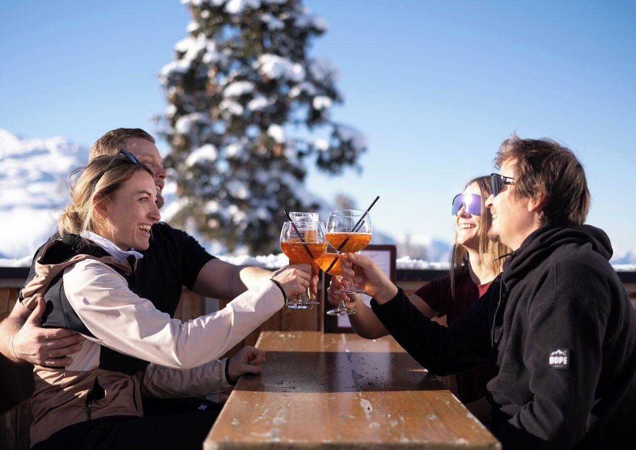 Um grupo de pessoas brindando com bebidas em uma mesa de madeira ao ar livre, com uma árvore coberta de neve ao fundo.