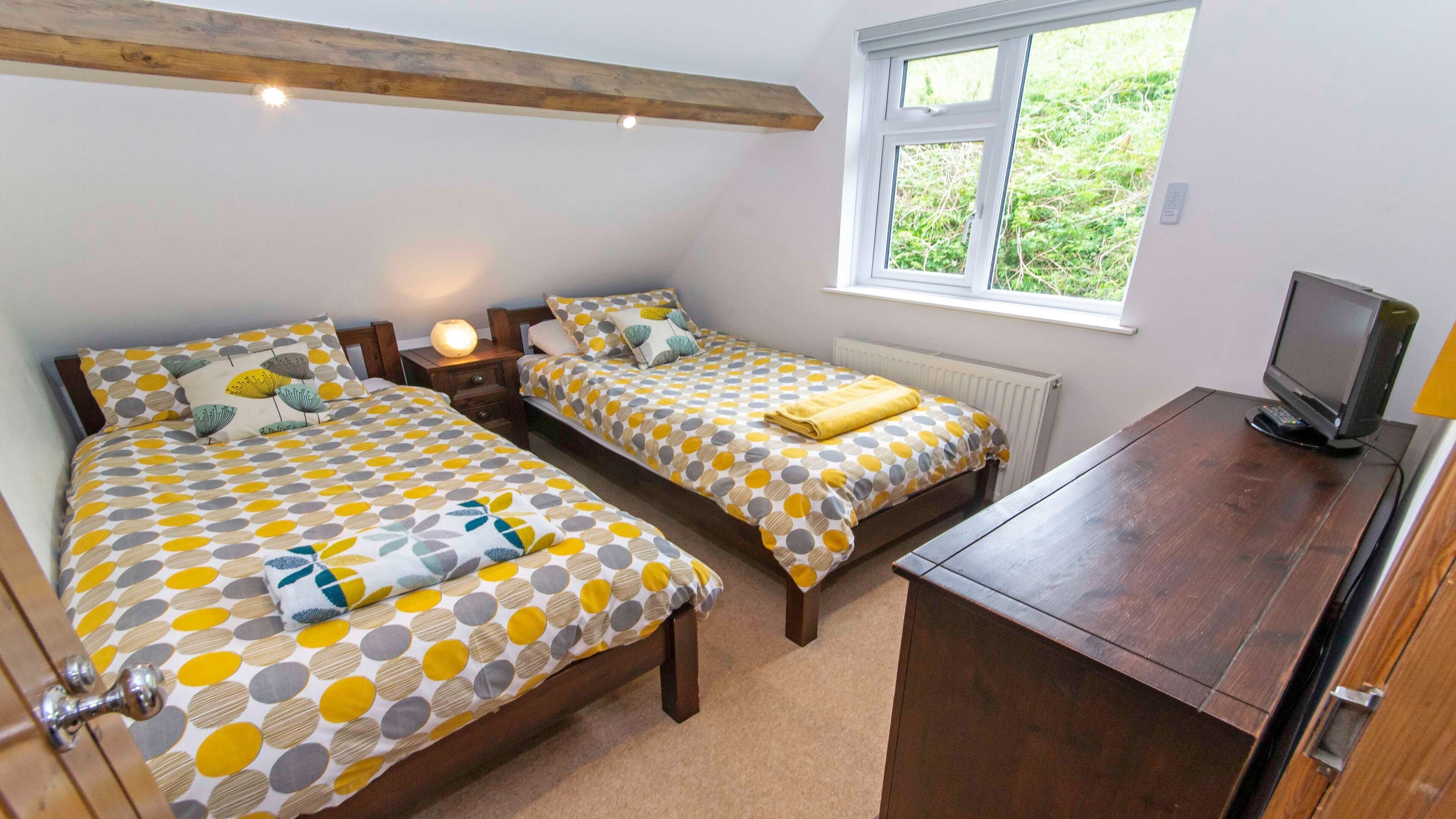 A bedroom with two beds, a TV, and a window.