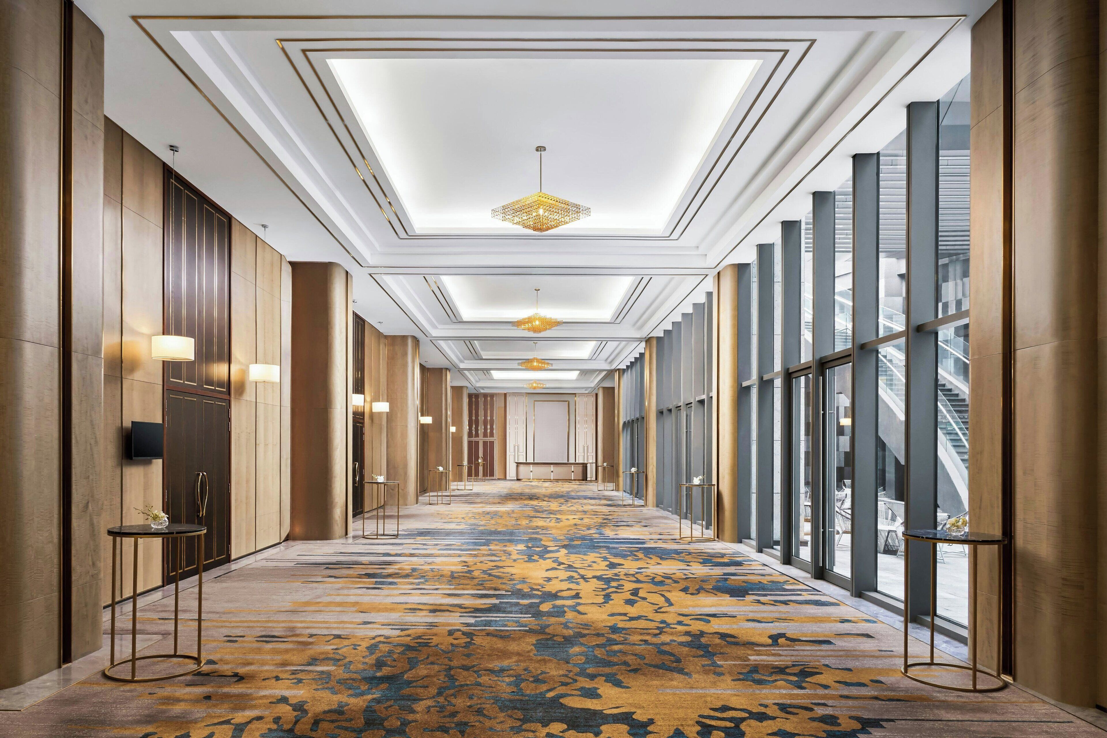 Un pasillo largo y estrecho con alfombra estampada, ventanas amplias y luminarias modernas.