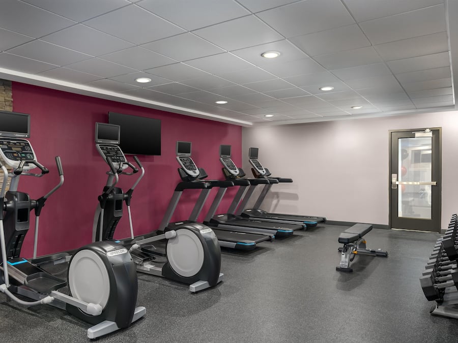 A gym with treadmills, ellipticals, and dumbbells.
