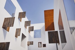 Geometric shapes and panels create a dynamic design.