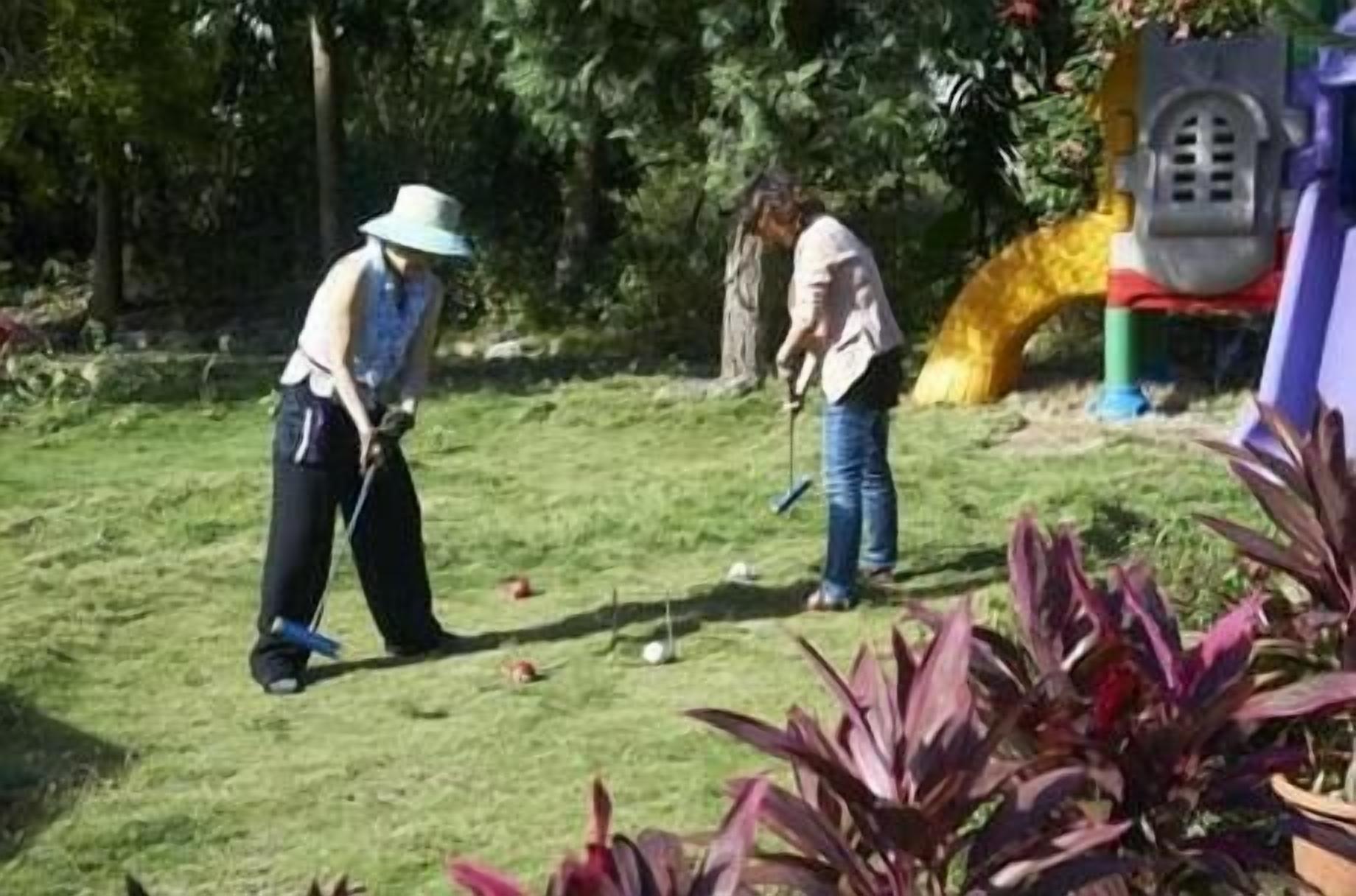 Zwei Personen spielen Golf auf einer grünen Wiese, im Hintergrund Bäume.
