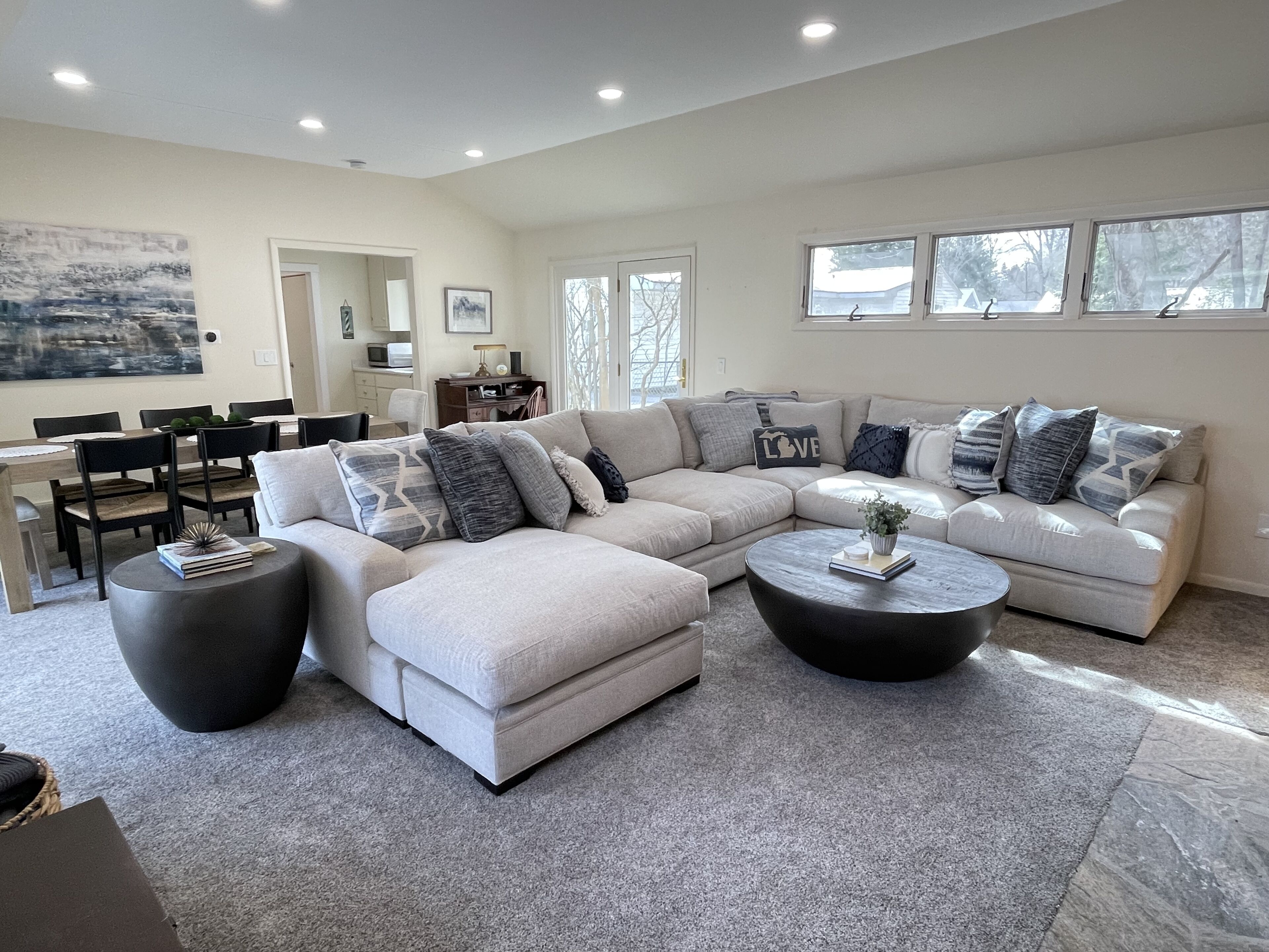 TV connectée, cheminée, lecteur de DVD, livres