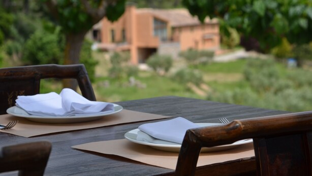 Une table à manger dressée avec des assiettes, des serviettes et des couverts, avec en arrière-plan une vue sur un bâtiment et de la verdure.