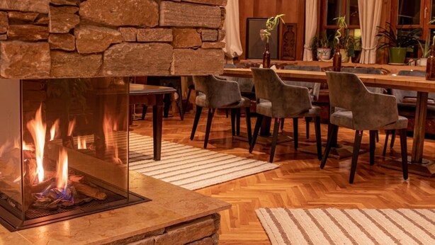 Une cheminée en pierre avec une façade en verre, une table à manger en bois, des chaises grises et des plantes en pot.