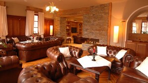 Un salon spacieux avec des canapés en cuir, une cheminée et un mur décoratif en pierre.