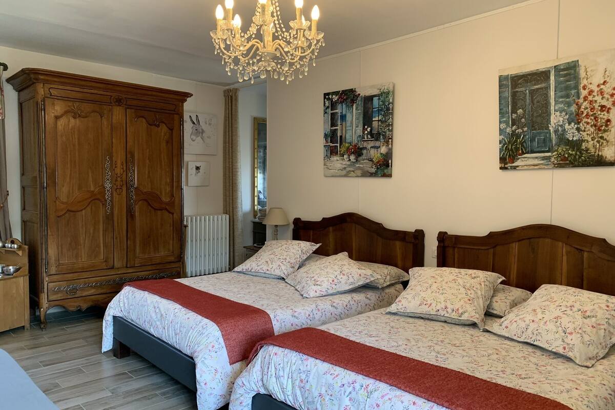 A bedroom with two beds, a wooden wardrobe, and a chandelier.