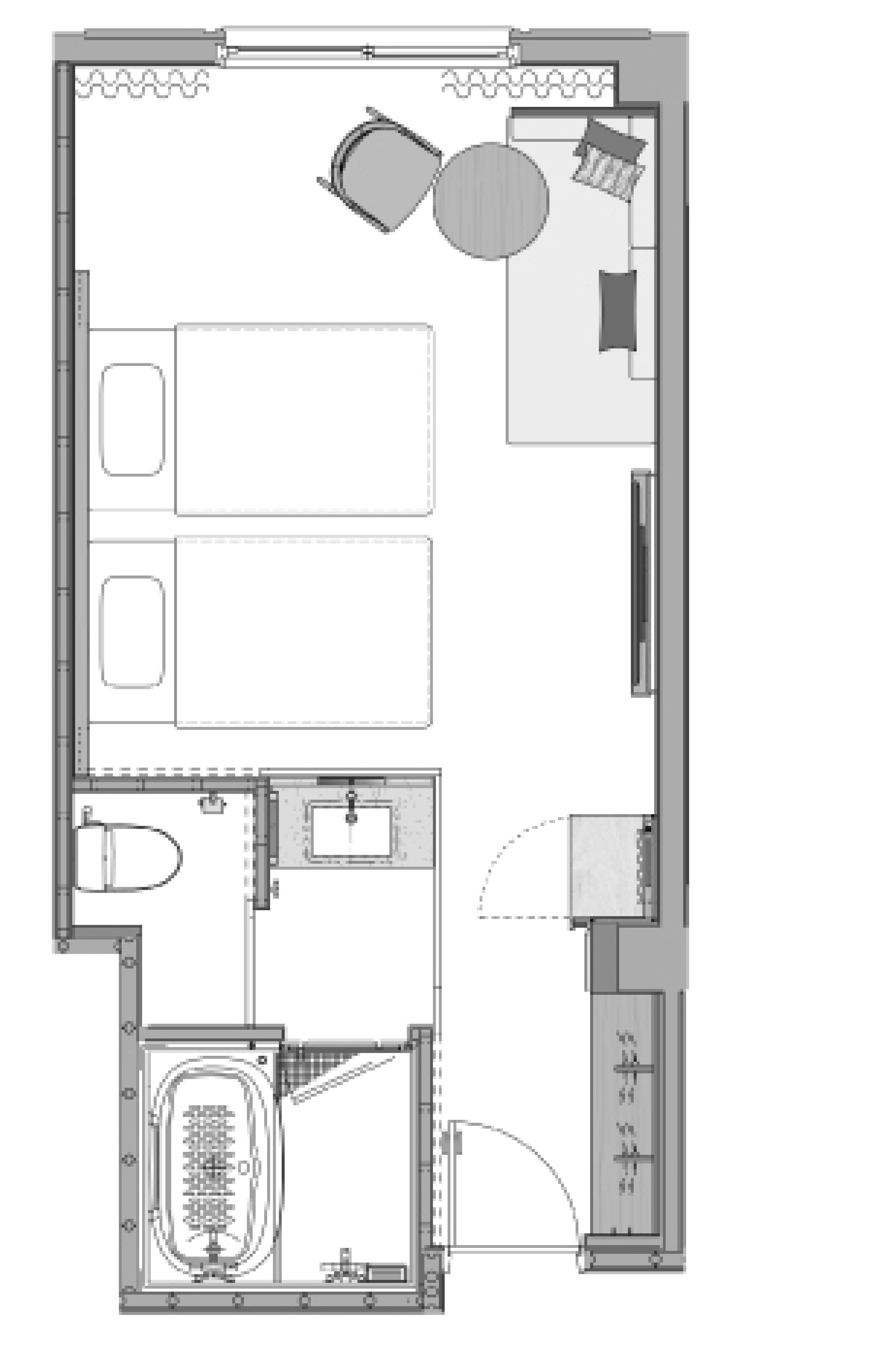 Plano de una habitación de hotel que muestra una cama, un escritorio, una silla, una mesita, un sofá, una ventana y un baño.